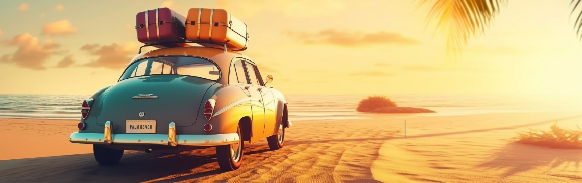 vintage car on tropical beach vintage car with a luggage rack parked on tropical beach